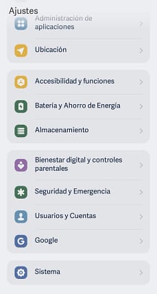 14719 Ajustes de Android: Administración de aplicaciones, ubicación, accesibilidad, batería, almacenamiento, bienestar digital, seguridad, usuarios, Google y sistema.