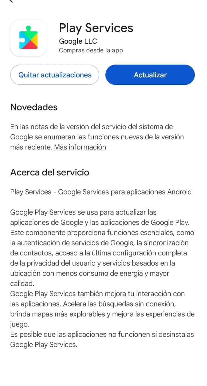 14718 Pantalla de Google Play Services con botones "Quitar actualizaciones" y "Actualizar